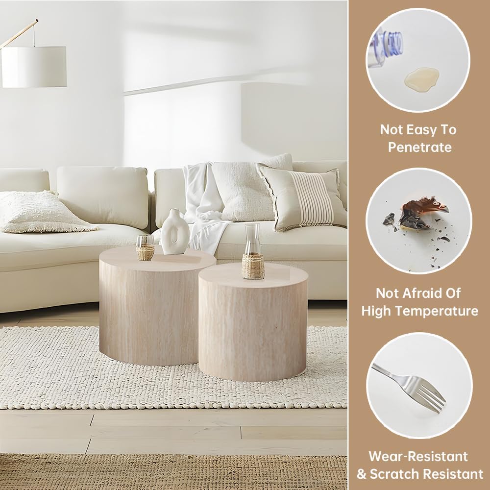 Round Nesting Coffee Table Set of 2 Modern Small Round Coffee Table Travertine Side Table Small End Table Circular Coffee Tables Circle Nested Coffee Tables for Living Room (Travertine)