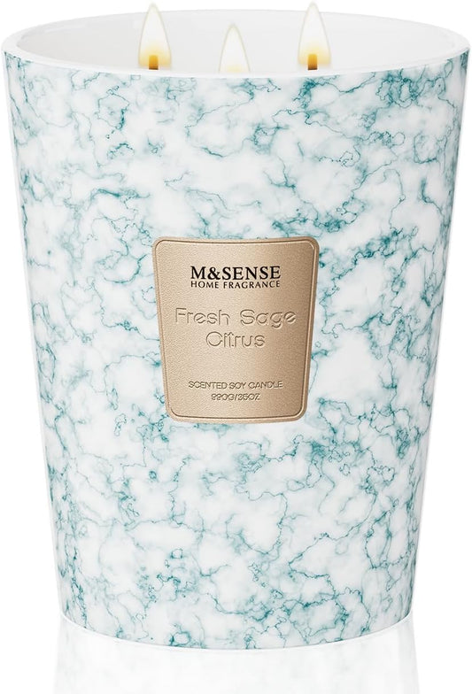 M&SENSE FreshSage Citrus Scented Candles for Home, 3-Wick Highly Scented Jar Candles, Extra Large Candle 35 Oz 150 Hours Long Lasting Burning, Relaxing Aromatherapy Candle for Stress Relief,Meditation