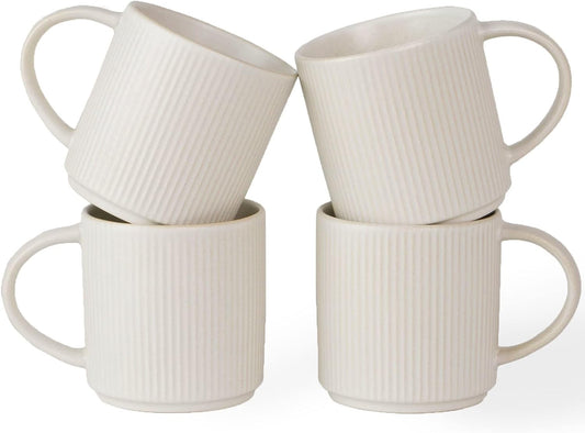 famiware Coffee Mug Set for 4, Star 12 oz Catering Mugs Cup Set with Handle for Coffee, Tea, Cocoa, Milk - Ceramic Stoneware Drinkware Set, Matte White