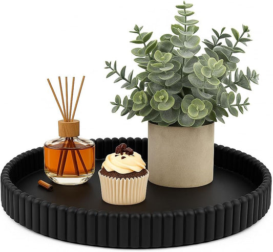 11.8in Decorative Tray for Coffee Table Decor- Modern Oval Concrete Tray for Home Decor- Minimalist Handcrafted Centerpieces Tray for Living Room, Kitchen Dining Table, Entryway (Black)