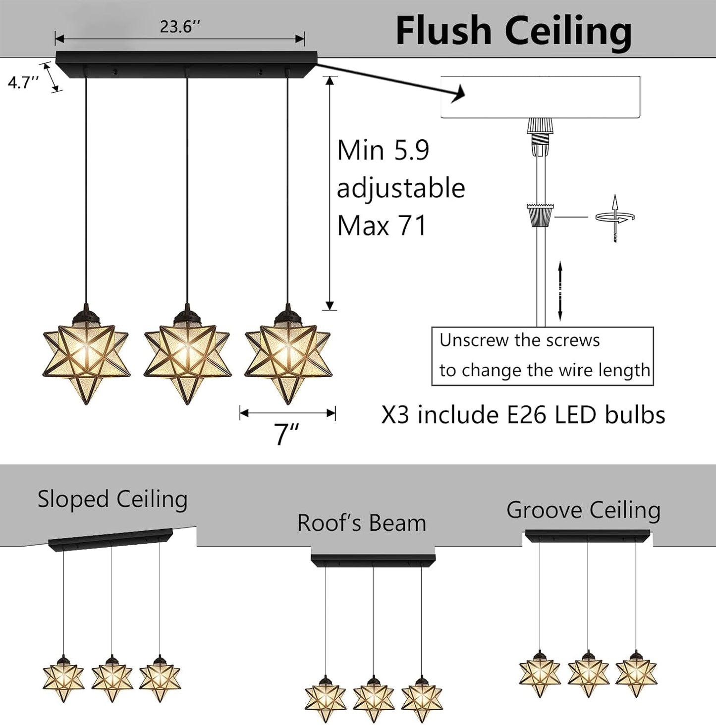 Modern Farmhouse Glam Chandelier Dining Room Glass Star Pendants Light Fixture Kitchen Island LED Ceiling Hanging Lights Included Warm Light Bulbs Black