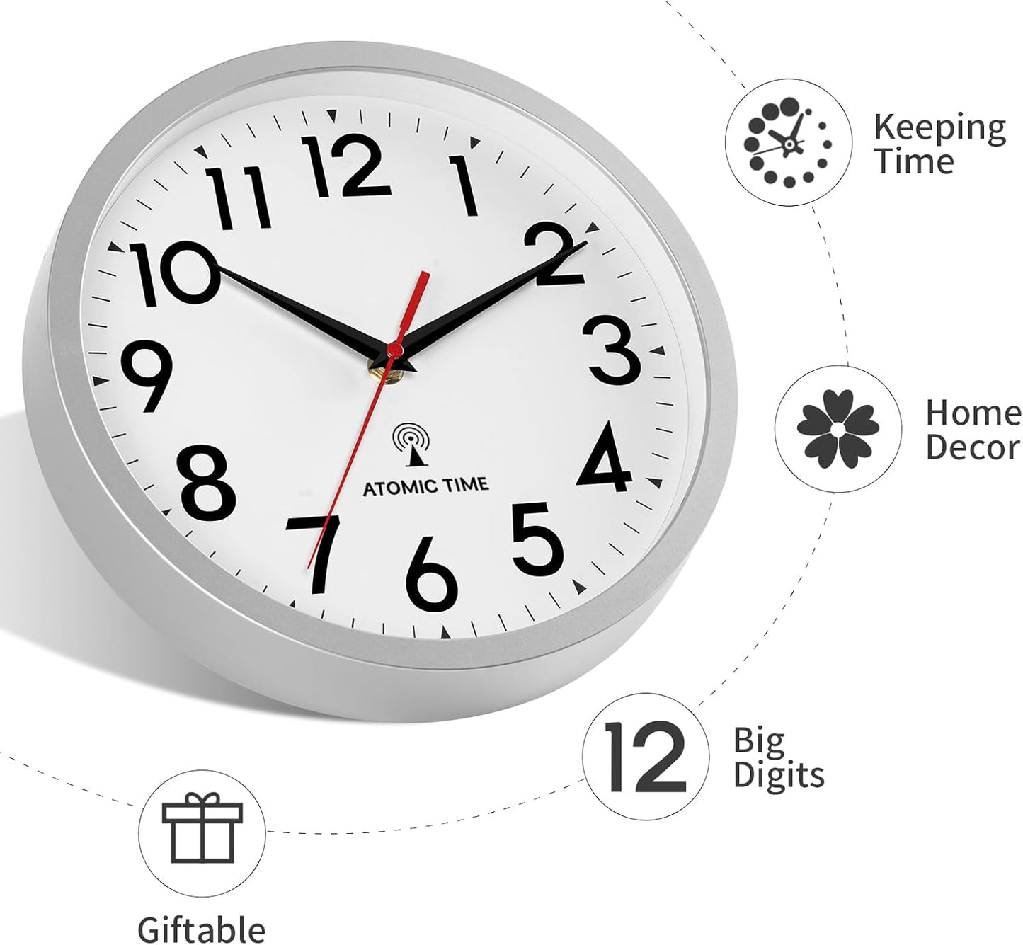 Atomic Wall Clock Analog 10 Inch Battery Operated Modern Decorative for Living Room Kitchen Office Bedroom Bathroom(Silver)