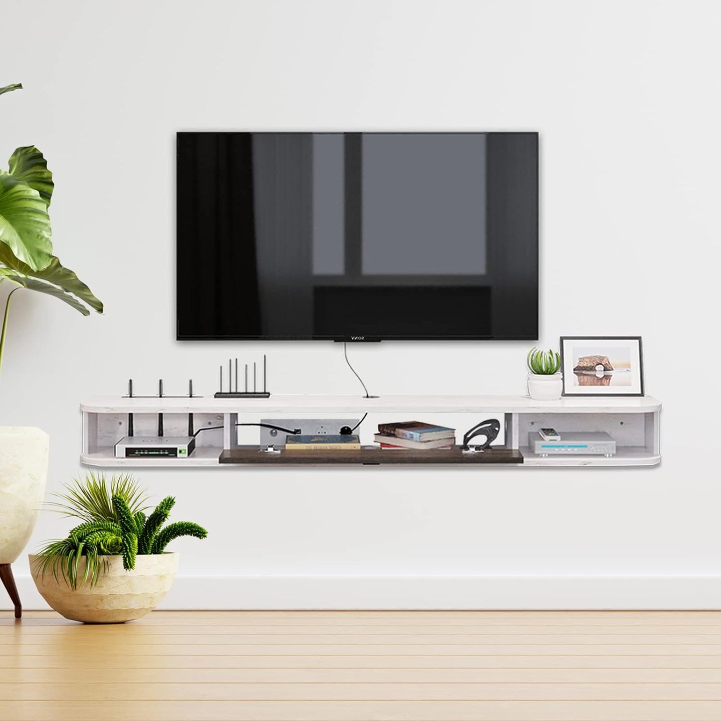 Pmnianhua Floating TV Console,78'' Wall-Mounted Media Console TV Cabinet Floating TV Stand Entertainment Shelf with Door and Storage (Grey-White)