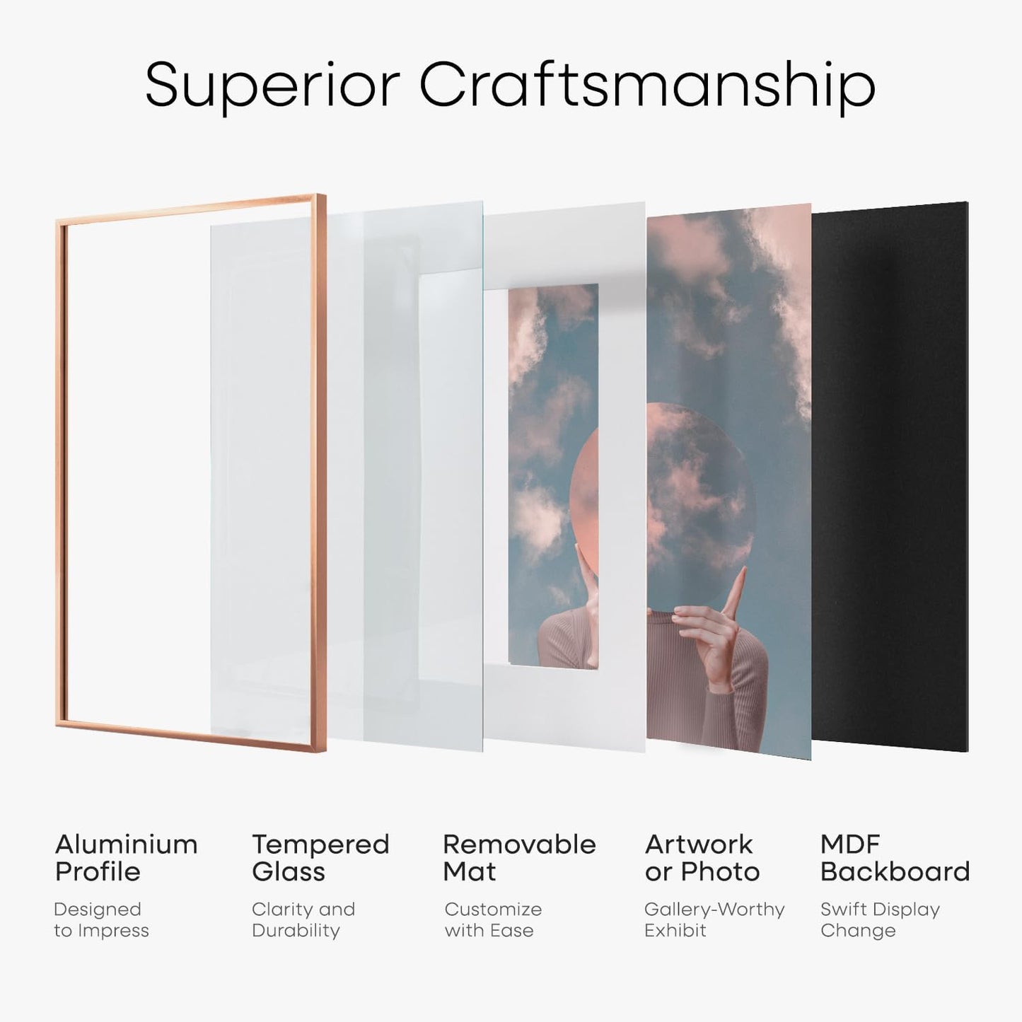 Homeforia 9x12 Rose Gold Frame, High End Metal 9 x 12 Picture Frames with Mat 7 by 10 inch Photo, 9by12 Poster Frame Matted to 7x10 Art, 12x9 Wall or Tabletop Frame, Tempered Glass, Wall Kit, Set of 1
