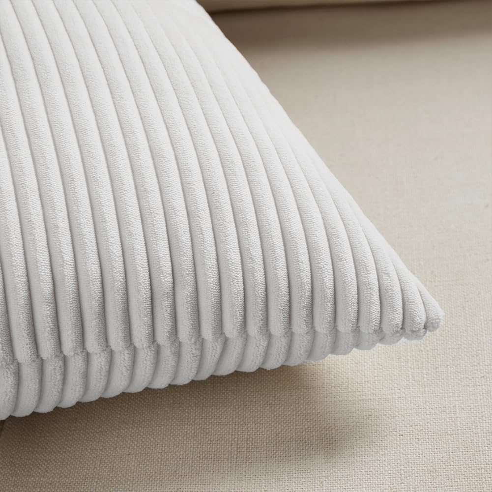 Fancy Homi 2 Packs White Lumbar Decorative Throw Pillow Covers 12x20 Inch for Living Room Couch Bed Sofa, Rustic Farmhouse Boho Home Decor, Soft Striped Corduroy Rectangle Accent Cushion Case 30x50 cm