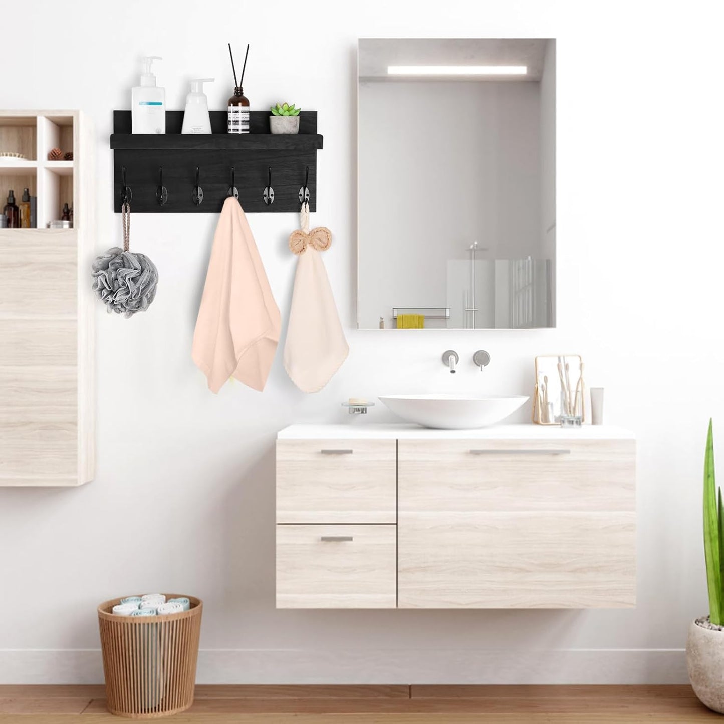 Shelf with Hooks, Coat Rack Wall Mount with 6 Double Metal Hooks, 17 Inch Farmhouse Wall Hooks with Shelf, for Entryway, Bathroom, Kitchen, Black