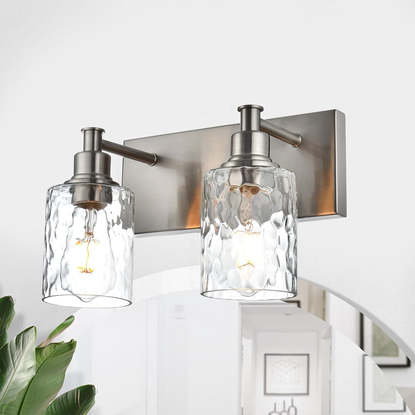 BONLICHT Modern Bathroom Light Fixtures in Brushed Nickel Finish, 2 Light Industrial Indoor Wall Sconce Farmhouse Vanity Lighting Over Mirror with Hammered Glass Contemporary Hallway Wall Mount Lamp
