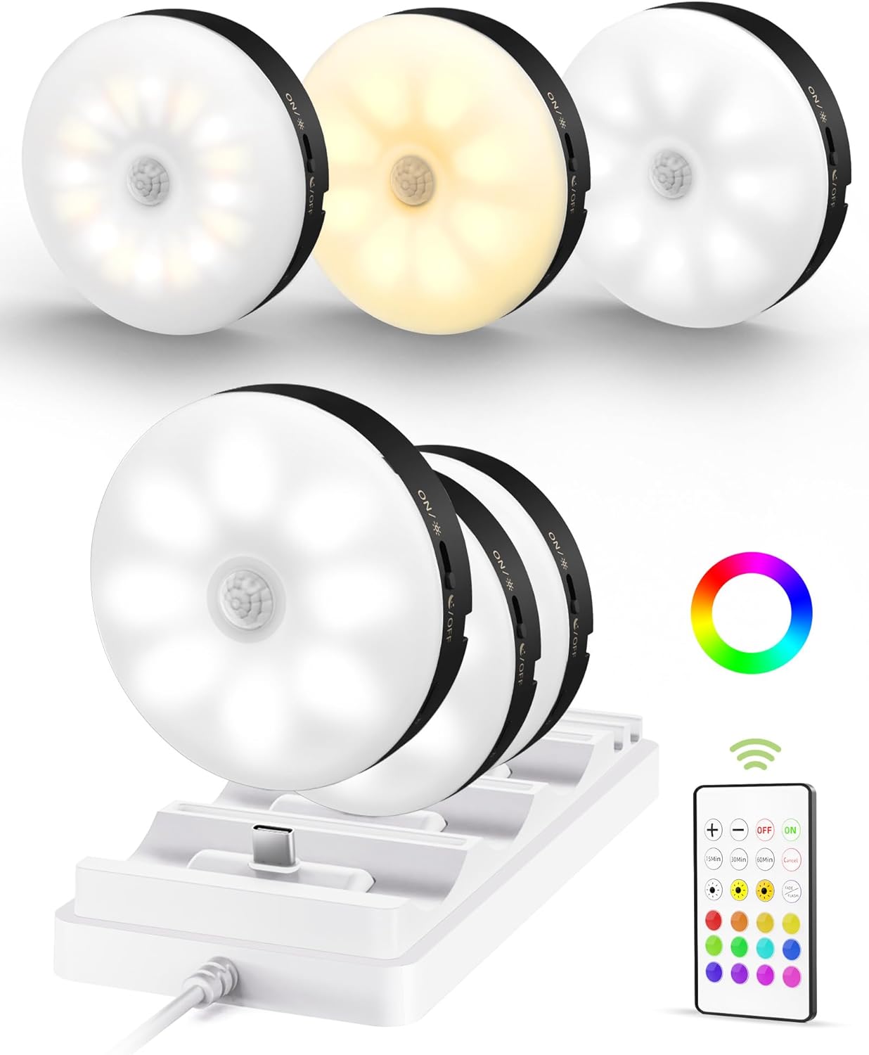 EZVALO Under Cabinet Lighting with Charging Station,1000mAh Rechargeable Puck Lights with Remote, 3 Color Temps & 12 RGB Closet Lights, Dimmable Motion Sensor Lights for Shelf, Kitchen (6 Packs)