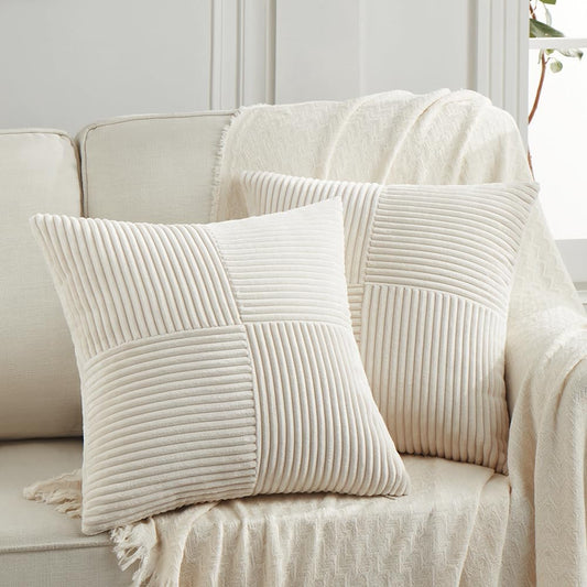 Fancy Homi 2 Packs Cream Samll Decorative Throw Pillow Covers 14x14 Inch with for Couch Bed Sofa, Rustic Farmhouse Boho Home Decor, Soft Corss Patchwork Corduroy Square Cushion Case 35x35 cm