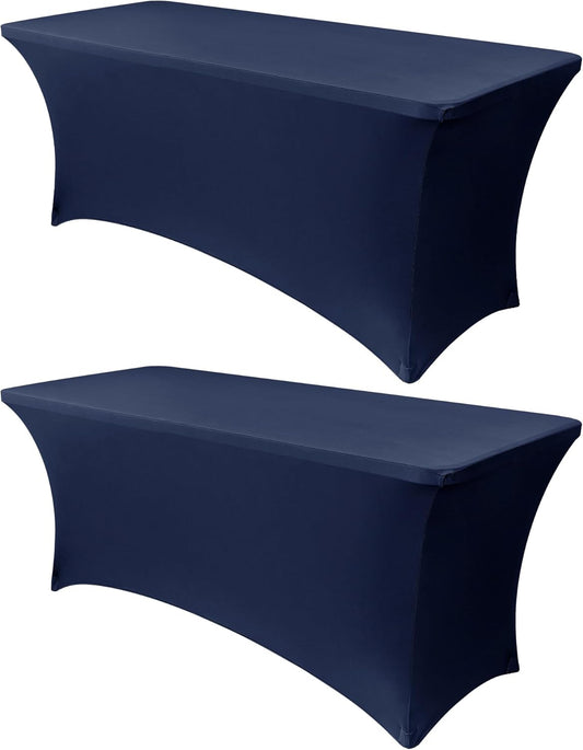 Obstal 4Ft Stretch Spandex Table Cover for Standard Folding Tables - 2 Pack Universal Rectangular Fitted Tablecloth for Party, Banquet, Events, Trade Show (Navy Blue, 48L x 24W x 30H Inches)