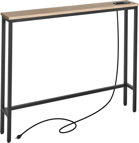 ELYKEN 5.9" Narrow Console Sofa Table with Power Outlets, 5.9" Dx39.4 Wx31.1 H Long Couch Table with Metal Frame and Charge Station with 6.5’ Extension Cord, White Oak