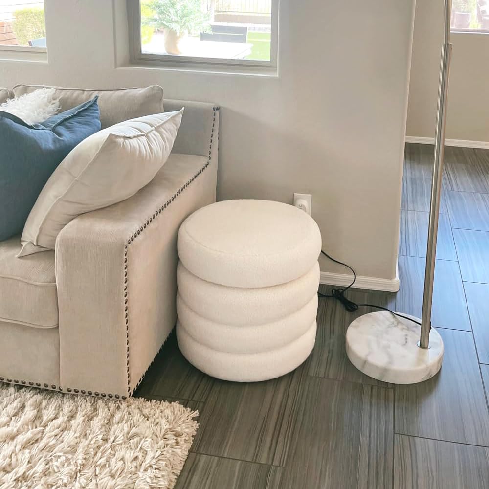 ONEVOG 20" Round Storage Ottoman with Removable Lid, Off-White Boucle Fabric Footrest Pouf, Sherpa Tufted Small Coffee Table Vanity Ottoman Foot Stools for Living Room Couch, Bedroom, Dorm, Nursery