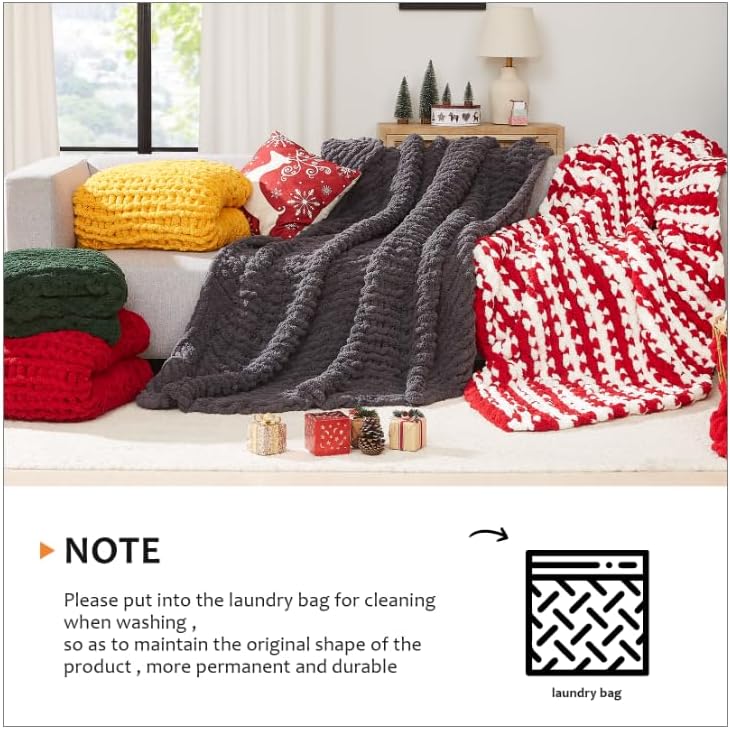 L'AGRATY Chunky Knit Throw: 72''x84'' Chenille Blanket for Bed Couch - Handmade Thick Big Cable Knit - Large Crochet Rope for Home Decor (Red)