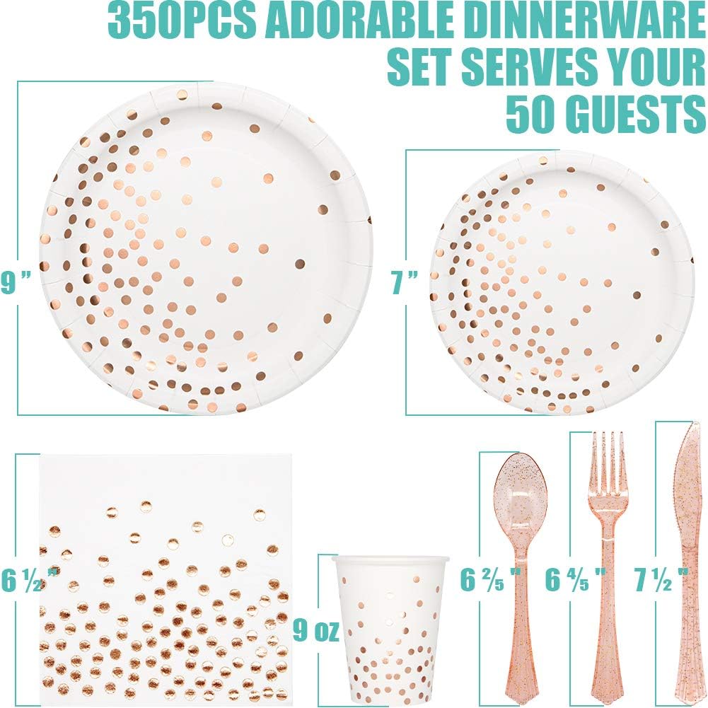 White & Rose Gold Party Supplies - 350 PCS Disposable Dinnerware Set with Paper Plates Napkins Cups, Plastic Forks Knives Spoon for Women Girls Birthday Graduation Bridal Shower Engagement Wedding