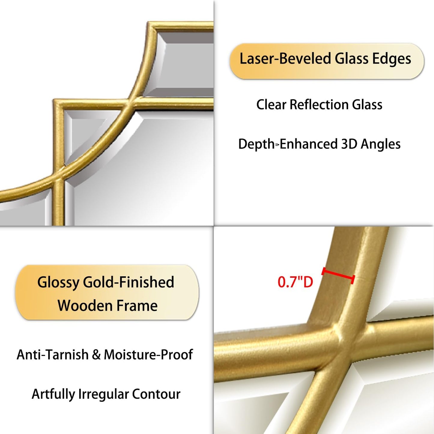 Gold Mirror for Wall, 36x24 Gold Wood Framed, Scalloped Beveled Polished Rectangle Mirror, Large Decorative Mirrors for Wall Decor, Irregular Mirror for Living Room, Bathroom Vanity, Entryway