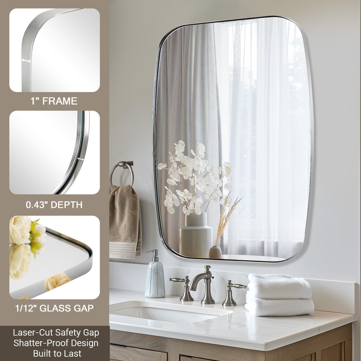 ANDY STAR Chrome Oblong Mirror, 36x40 Inch Polished Chrome Oval Mirror for Bathroom with Stainless Steel Metal Frame, Wall Mouned for Bathroom, Living Room, Entryway