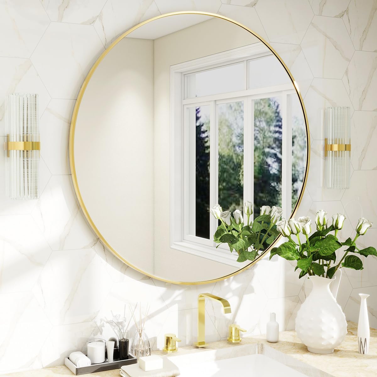 BEAUTYPEAK 20 Inch Round Mirror, Metal Frame Circle Mirror, Wall Mounted for Entryway, Bathroom, Vanity, Living Room, Gold