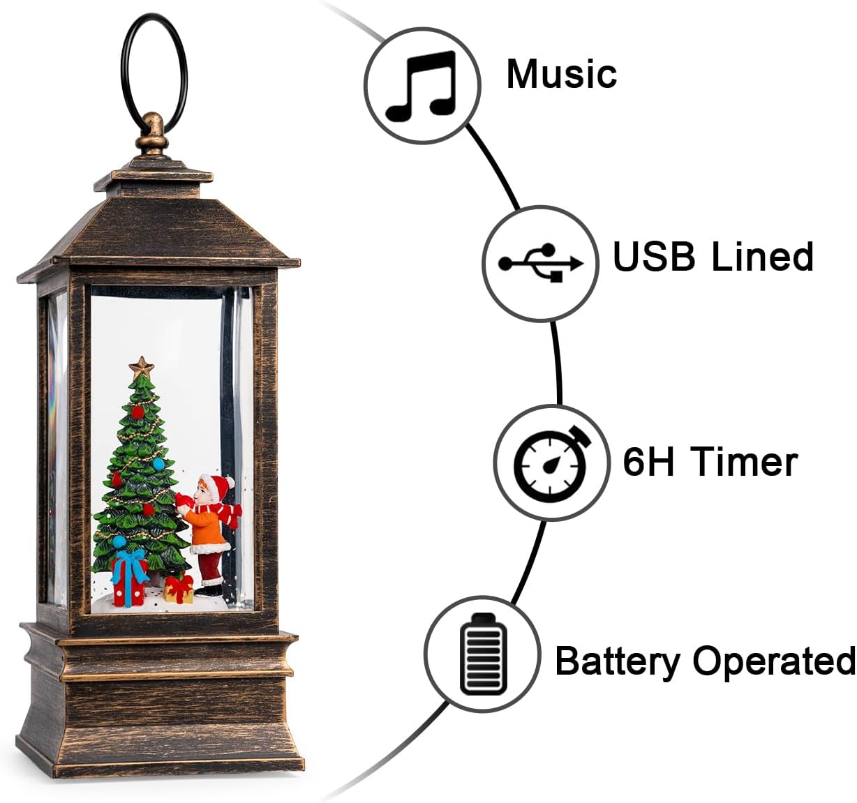 10'' Snow Globe Christmas, Musical Lighted Water Lantern with Swirling Glitter Decoration for Christmas Home, Living Room, Battery Operated or USB Powered (Christmas Tree)