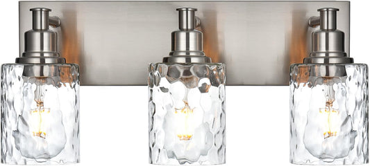 BONLICHT Bathroom Vanity Light Fixtures 3 Lights Modern Wall Sconce Brushed Nickel with Metal Base and Hammered Glass Shade, Industrial Farmhouse Bath Wall Lights for Hallway Kitchen Bedroom
