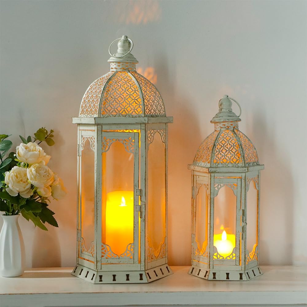 JHY DESIGN Set of 2 Decorative Candle Lanterns 22"&17" H Outdoor Vintage Metal Candle Holder for Garden Living Room Indoor Parties Weddings Patio Home Decor(White with Gold Brush)