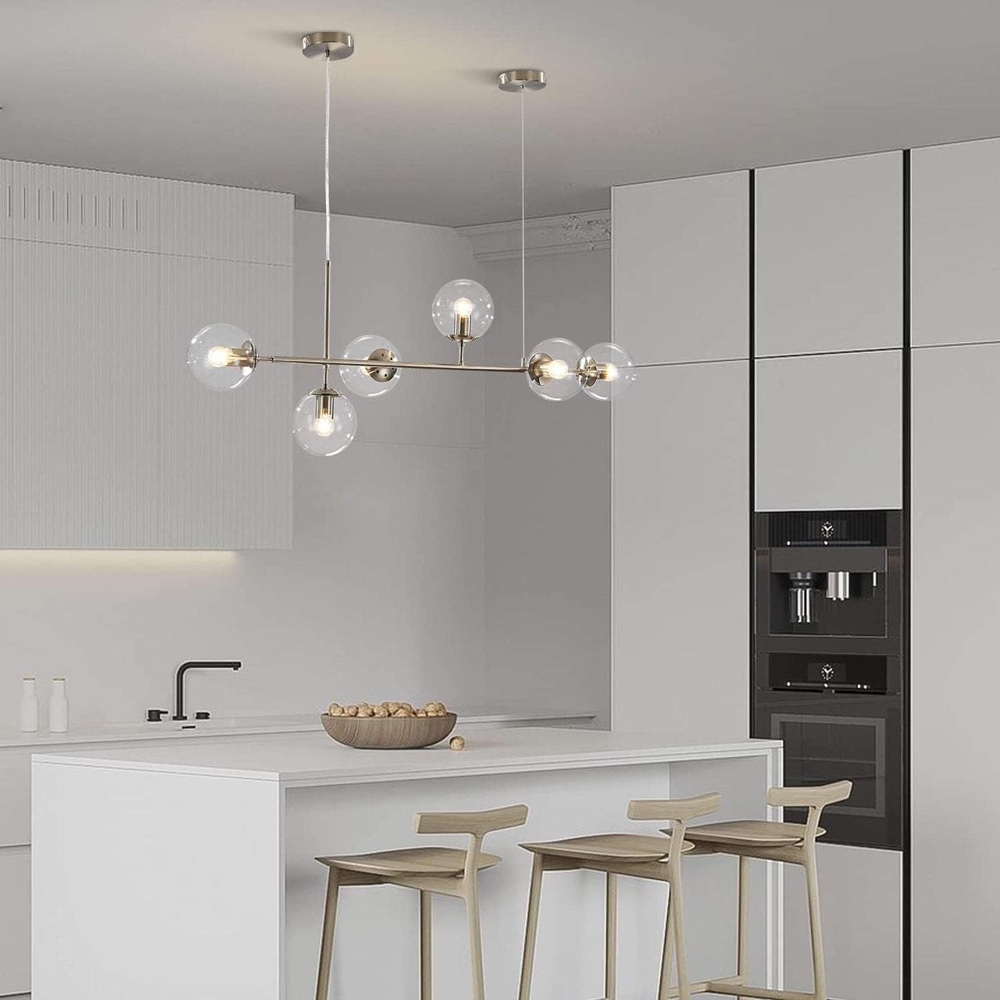 KCO Lighting 6 Light Bubble Glass Pendant Light Mid Century Modern Globe Sputnik Chandelier Linear Chandelier Lighting Brushed Nickel Hanging Light Fixture for Kitchen Island Dining Room