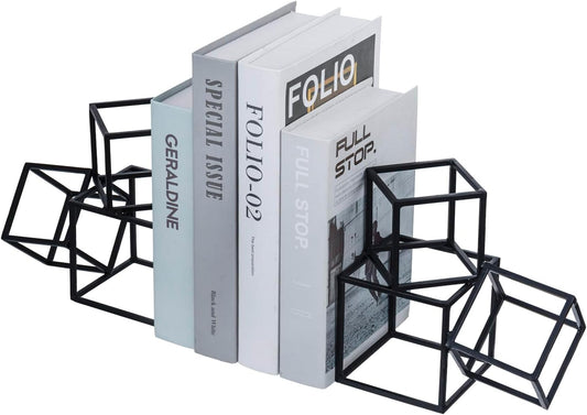 MyGift Modern Matte Black Metal Geometric Bookends in 3 Cube Frame Design, Decorative Book Stands for Home Library Bookshelf Office Desk, 1 Pair, Handcrafted in India