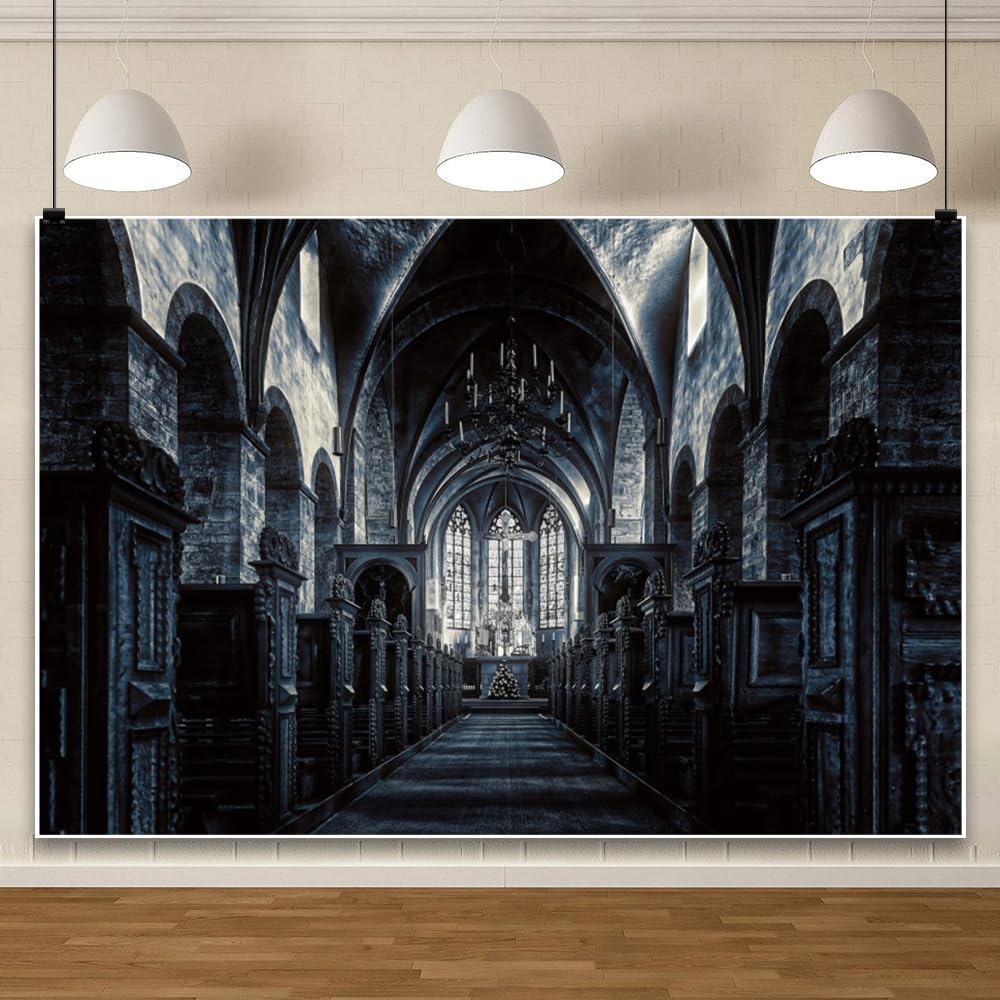 ChloropLastid 10x6.5ft Scary Church Halloween Backdrop Dark Black Horror Gothic Medieval Castle Interior Photography Background Halloween Night Carnival Theme Party Decor Banner Photo Studio Props