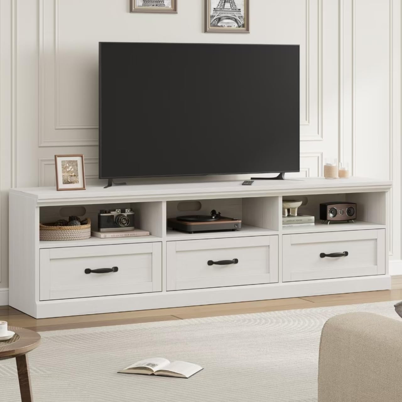 IDEALHOUSE 70in TV Stand for TVs up to 80", Mid Century Modern Entertainment Center with Storage Drawer and Open Shelves, TV Console Media Cabinet for Living Room, Bedroom, Antique White