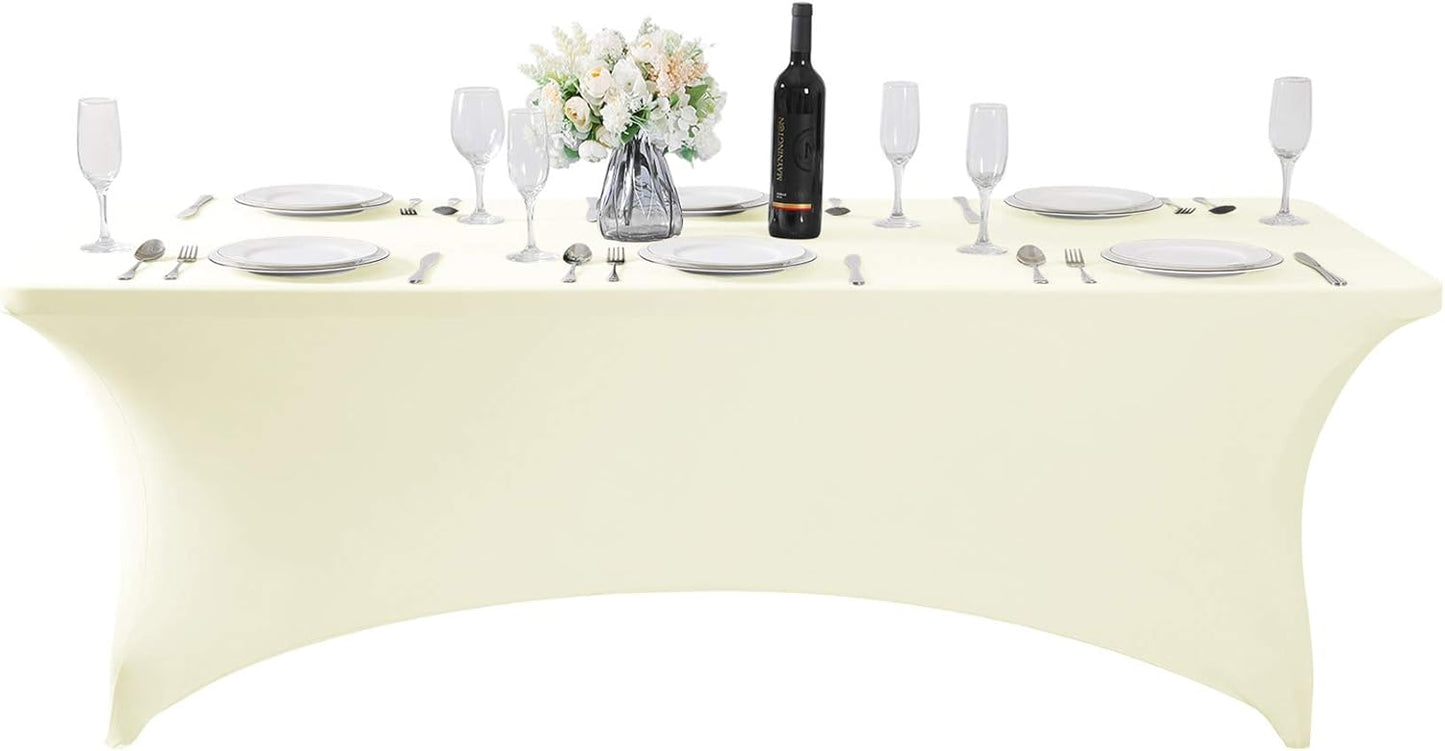 SuperO 2Pack Waterproof Spandex Table Cover for 8FT Table Universal Fitted Stretch Tablecloth for Party, Banquet, Wedding and Events-Ivory