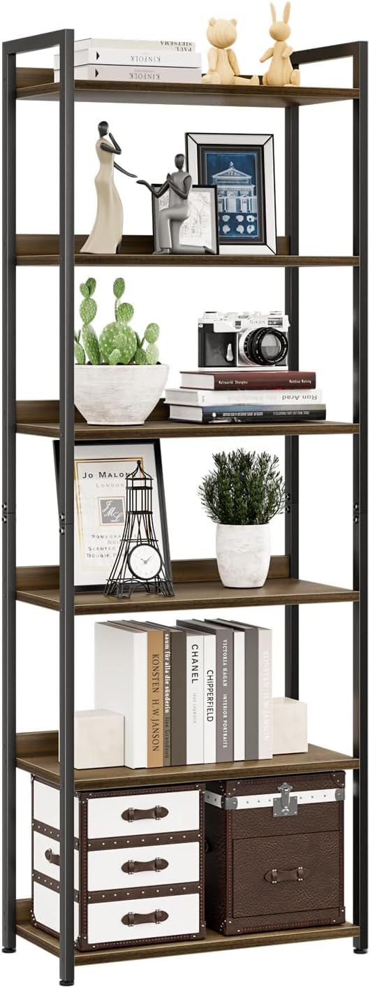 NUMENN Bookshelf, 6 Tier Bookshelves, Home Office Bookcase Shelf Storage Organizer, Free Standing Storage Shelving Unit for Bedroom, Living Room and Home Office, Dark Walnut