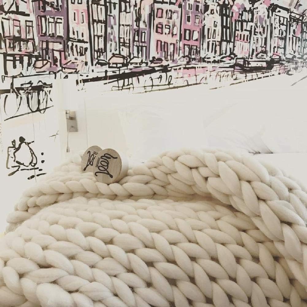 Chunky Knit Blanket Hand Made Merino Wool Throw Boho Bedroom Sofa Home Decor Giant Yarn(Ivory White 47"x71")