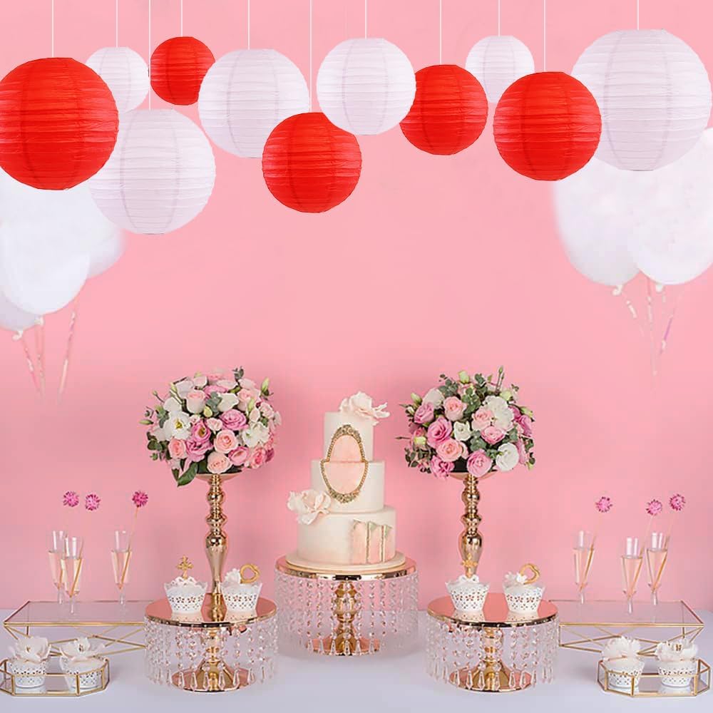 12Pcs Round Paper Lanterns Assorted Sizes (6" 8" 10" 12") for Home Decor, Restaurant, Church, Wedding, Birthday Party Decorations, Hanging Chinese Japanese Paper Lantern Lamps (Red)