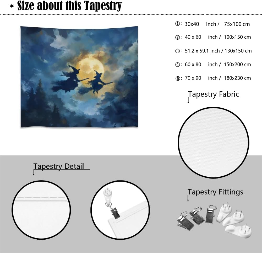 Spooky Halloween Witch Tapestry Wall Hanging Dark Fantasy Night Sky Aesthetic Print Flying Witches Under Full Moon Tapestries Horror Ghost Halloween Party Decor for Living Room Bedroom 60x80inch