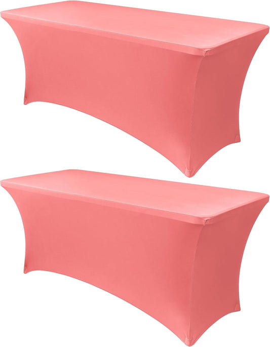 Obstal 6ft Stretch Spandex Table Cover for Standard Folding Tables - Universal Rectangular Fitted Tablecloth Protector for Wedding, Banquet and Party, 72L x 30W x 30H Inches, Coral Red, 2pc