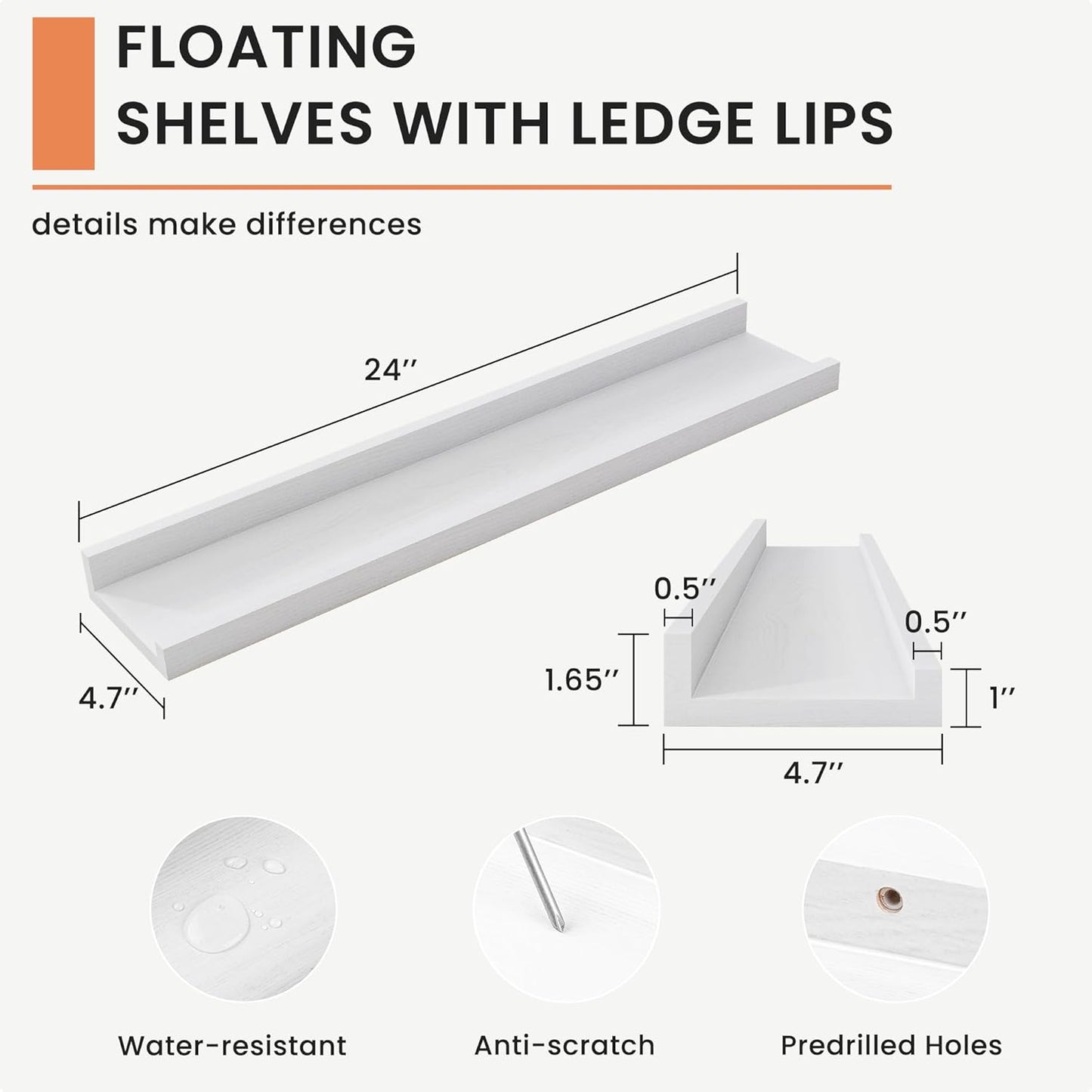 Solid Ash Wood Picture Ledge Shelf, 24 Inch Floating Shelves with Lip Set of 2, Photo Ledge Shelf Nursery Bookshelf Wall Mounted for Living Room Bedroom Decor, White