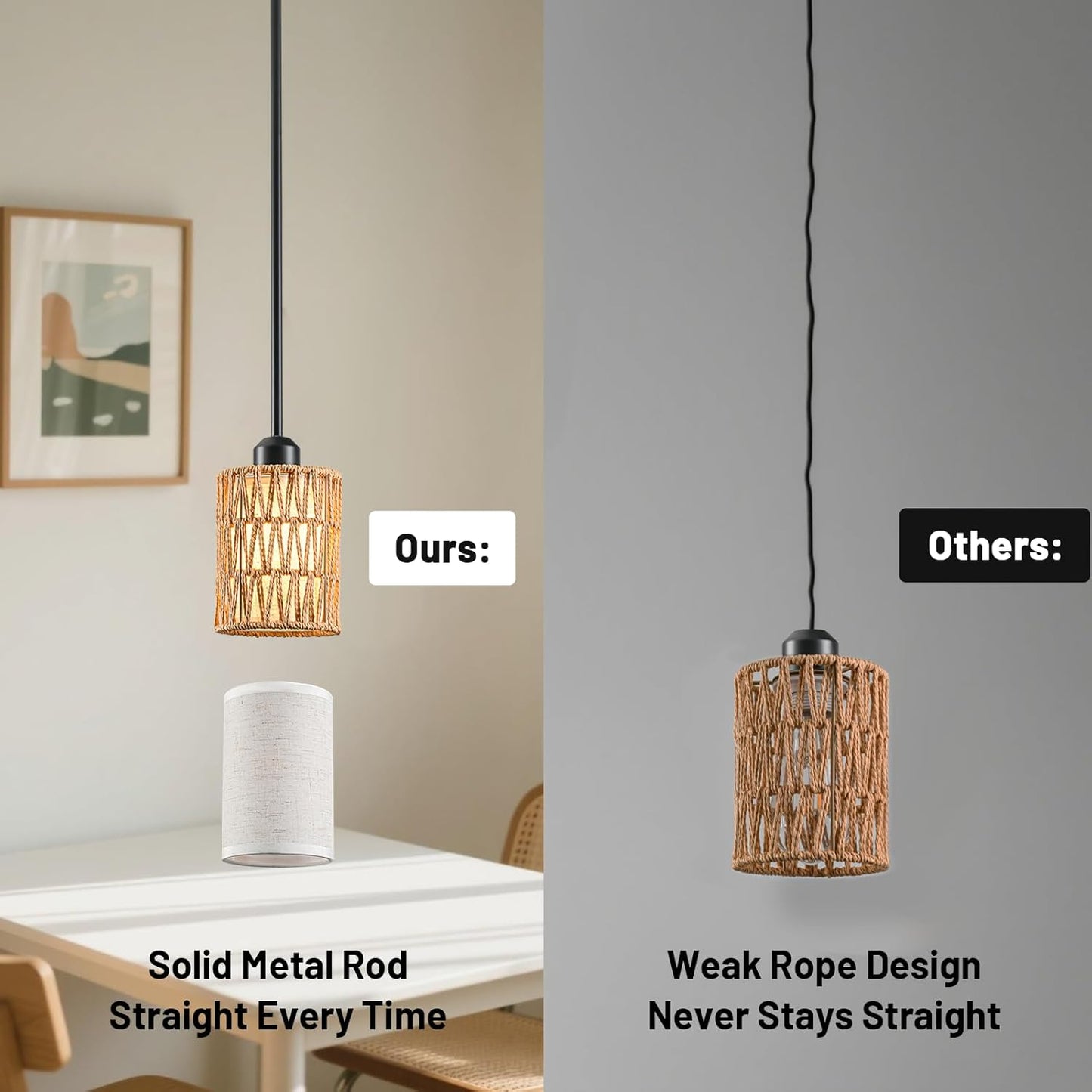 Pendant Light Boho Hanging Lamp, Rattan Hanging Lights with 2 in 1 Linen & Woven Shade, Ceiling Light Fixtures for Kitchen Island, Dining Room, Farmhouse, Bedroom (1 Pack)