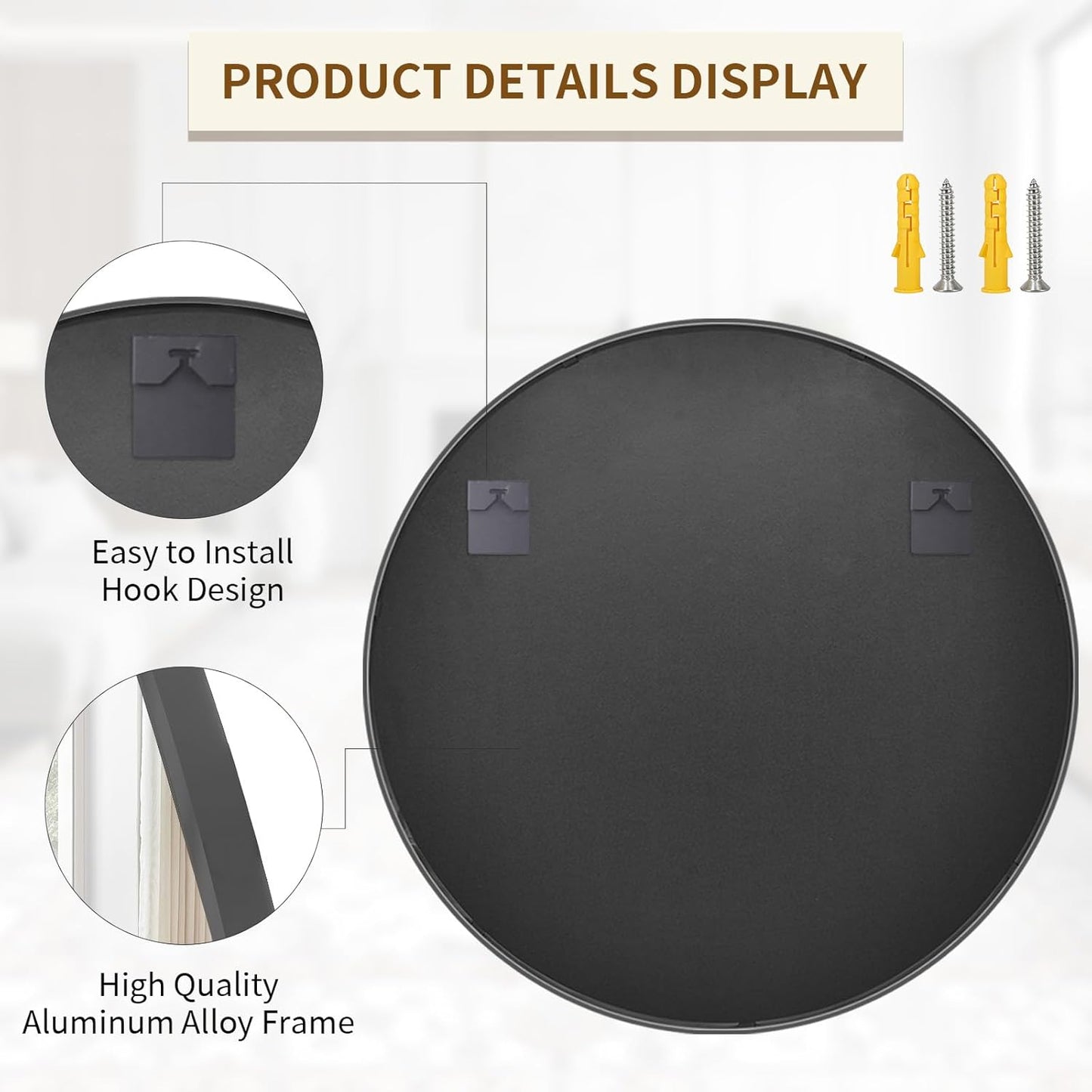 BEAUTYPEAK 48 Inch Round Mirror, Metal Frame Circle Mirror, Wall Mounted for Entryway, Bathroom, Vanity, Living Room, Black
