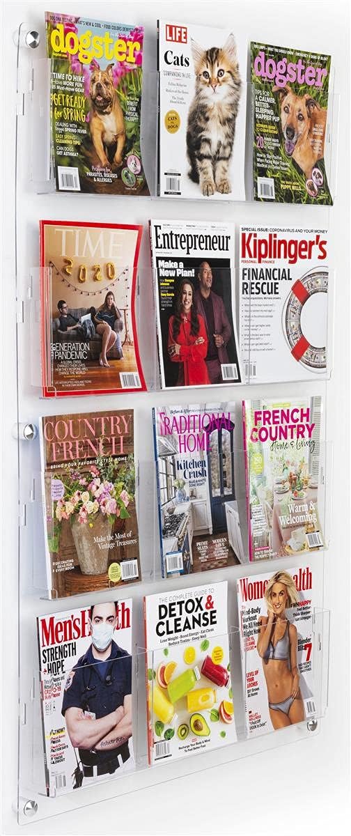 Displays2go Acrylic Brochure Rack, Wall-Mount, 4-Tiered, 12 to 24 Adjustable Pockets - Clear (2RP12CLR)