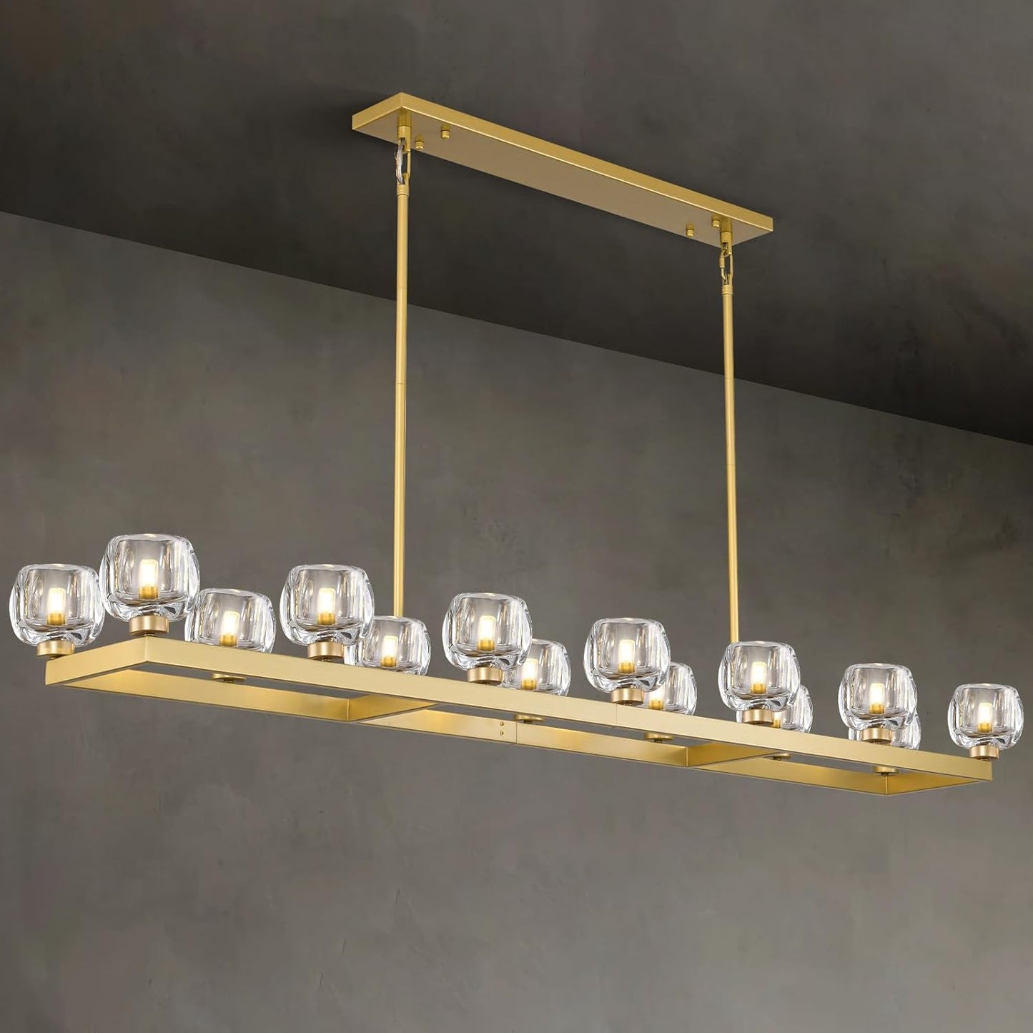 72 Inch Brass Rectangle Wagon Wheel Chandeliers, Gold Chandelier for Dining Room Over Table, Modern Crystal Long Chandelier for High Ceiling, Farmhouse Large Linear Chandeliers for Kitchen Island