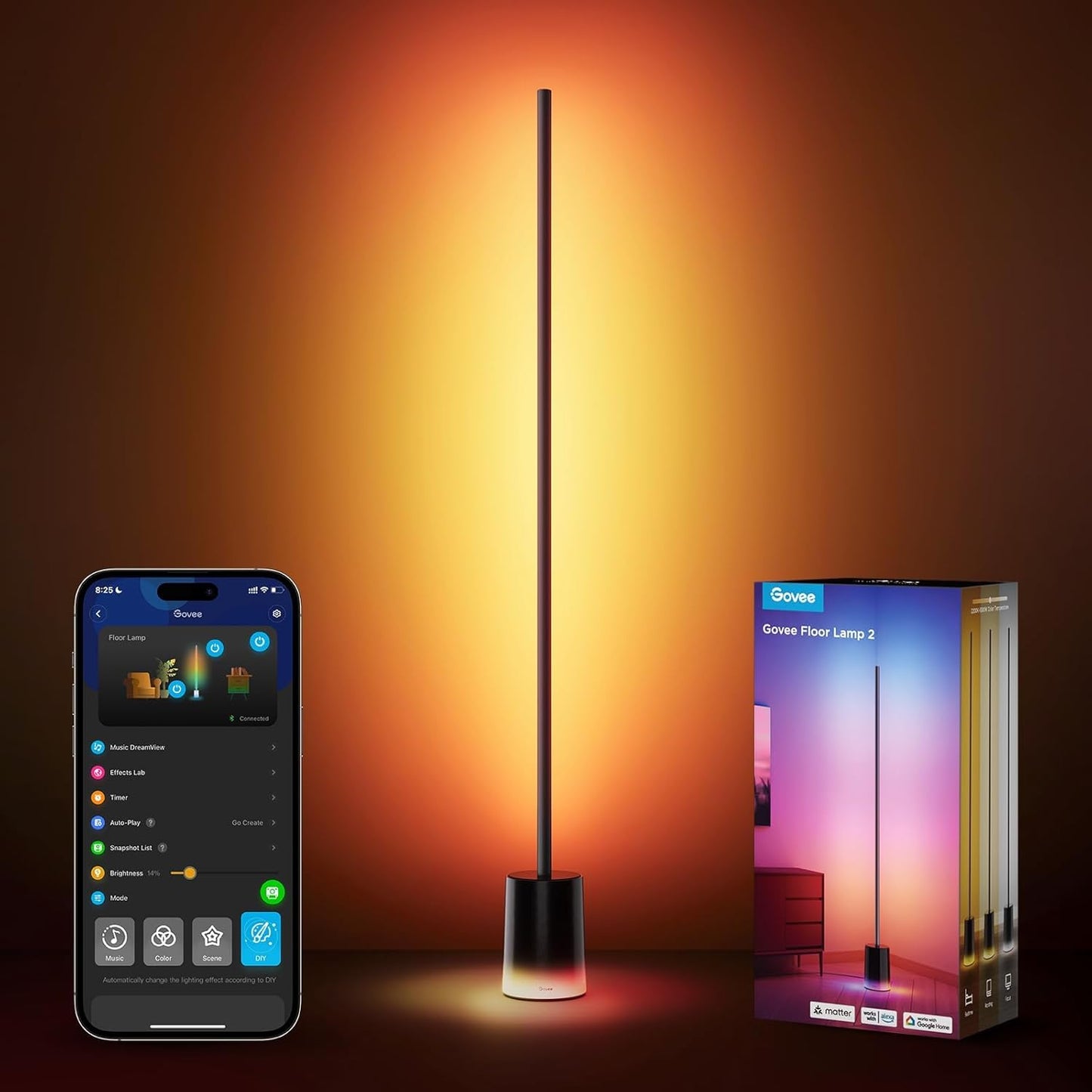 Govee Floor Lamp 2 with Matter, RGBIC, Warm Cool White LED, Alexa Compatible, 1725lm, Music Sync, Scene Modes, Smart Floor Lamp for Living Room, Bedroom, Black(1 Pack)