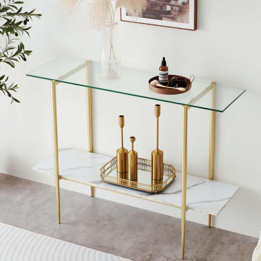 Glass Console Table for Living Room, Foyer & Entrance, 2-Tiers Mid-Century Modern Sofa Table with Clear Glass Top, White Marble Finish Wood Shelf and Gold Finish Frame