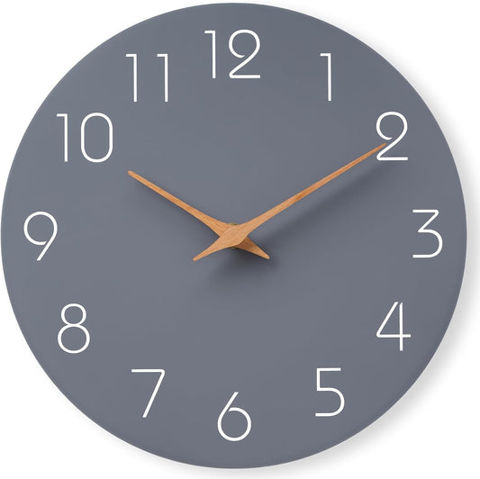 Mosewa Wall Clock 12 Inch Gray Silent Non Ticking Battery Operated Modern Simple Wooden Clock Decorative for Kitchen Home Bedroom Bathroom Office Living Room