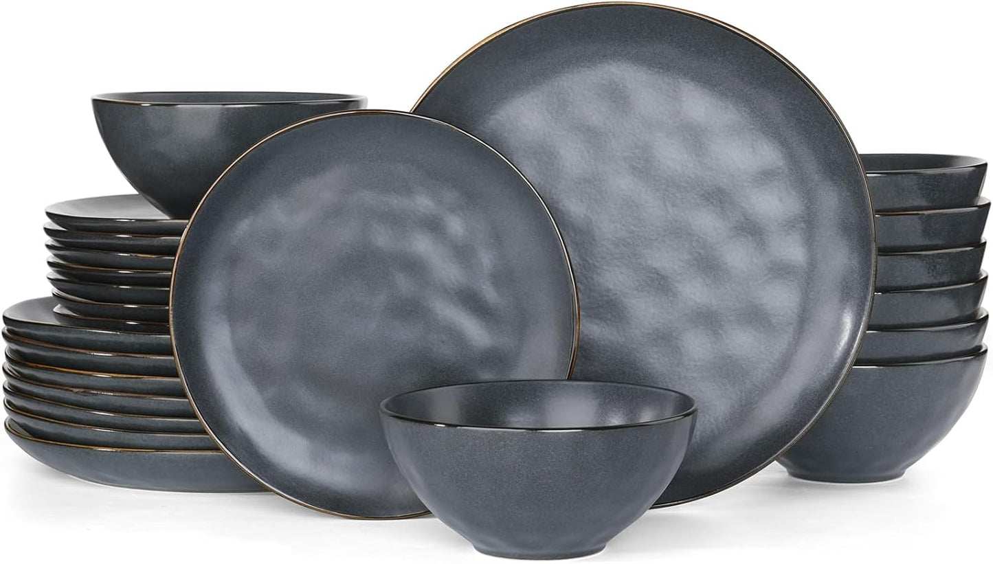 Famiware Dinnerware Sets for 8, Ocean Round 24-Piece Kitchen Plates and Bowls Sets, Microwave and Dishwasher Safe, Scratch Resistant, Matte Black
