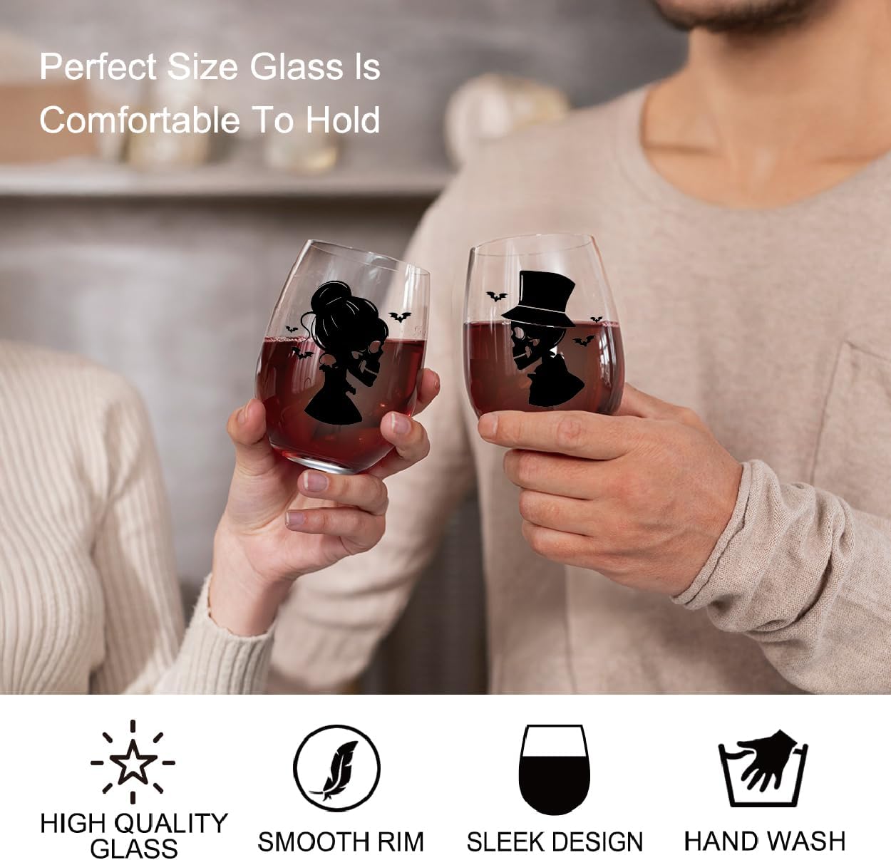 Perfectinsoy Skull Wine Glass 2 Piece with Gift Box, Zombie Design, Valentine's Day Autumn Halloween, Anniversary Wedding Gifts, Couple Gifts for Boyfriend and Girlfriend. (Skull Set of 2)