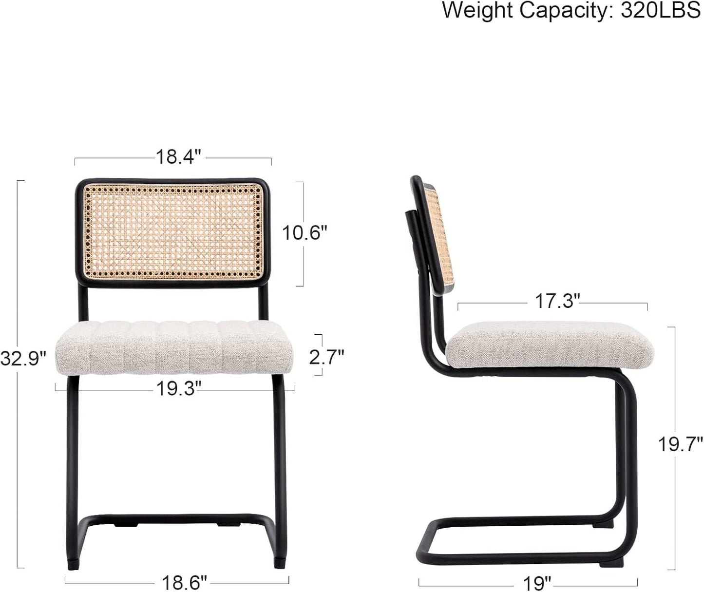 Natural Rattan Dining Chairs Set of 2, Modern Kitchen Chairs with Solid Wood Back, Upholstered Cesca Side Chairs with Comfy Linen Cushion