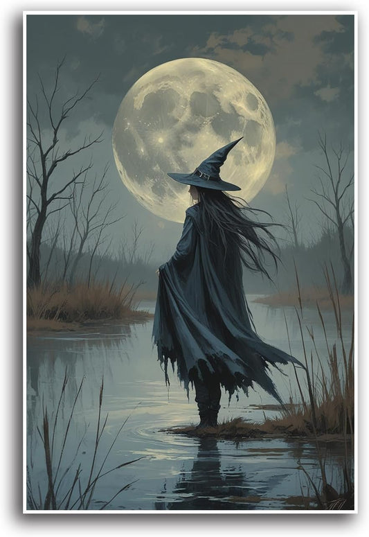 JFHCQJPK Witch in the moonlight magic canvas wall art enchanting Halloween home decor swamp witch silhouette oil painting mysterious gothic aesthetic wall decor print poster24x36in Frameless