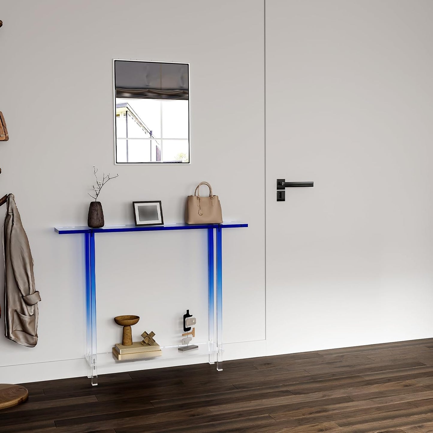 HMYHUM Narrow Acrylic Console Table, with Transparent Gradient Blue Square Legs, 7.6" Width, 2-Tier Clear Entryway Table for Hallway, Foyer, Sofa, Living Room, 39.4" L x 31.5" H