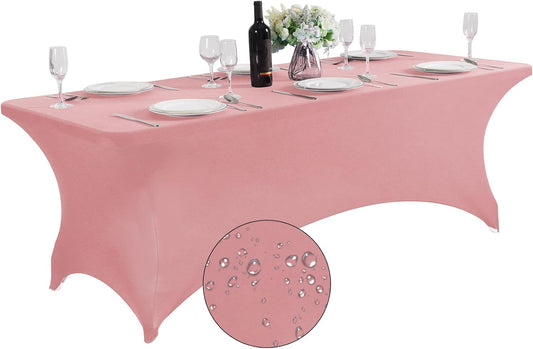 SuperO Waterproof Spandex Table Cover for 8FT Table Universal Fitted Stretch Tablecloth for Party, Banquet, Wedding and Events-Dusty Pink