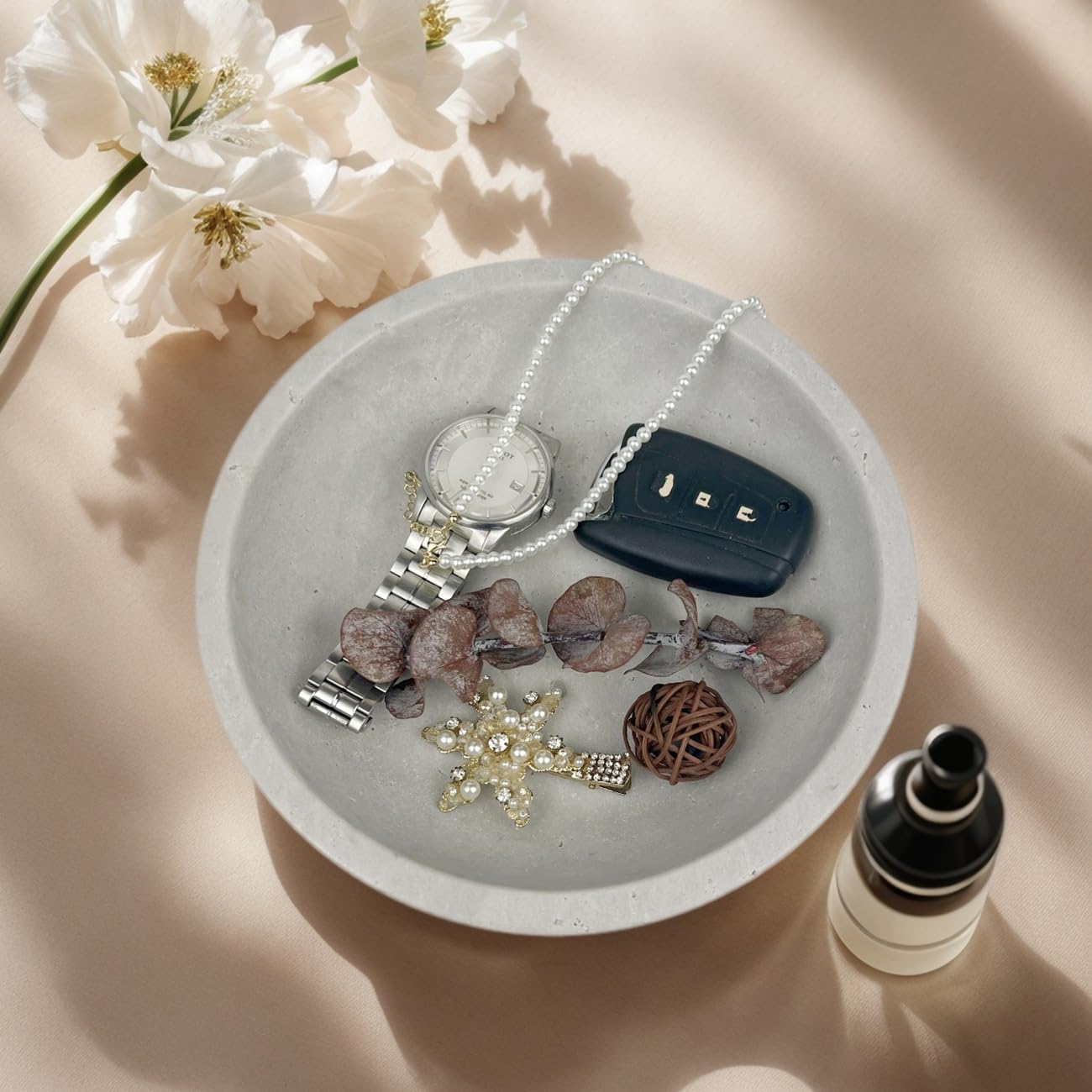 Travertine Decorative Bowls for Home Decor, Fruit Bowl for Kitchen Counter, Keys Bowl for Entryway Table, Large Candy Serving Bowl for Table Centerpiece Office Modern Home Decor (Light Gray)