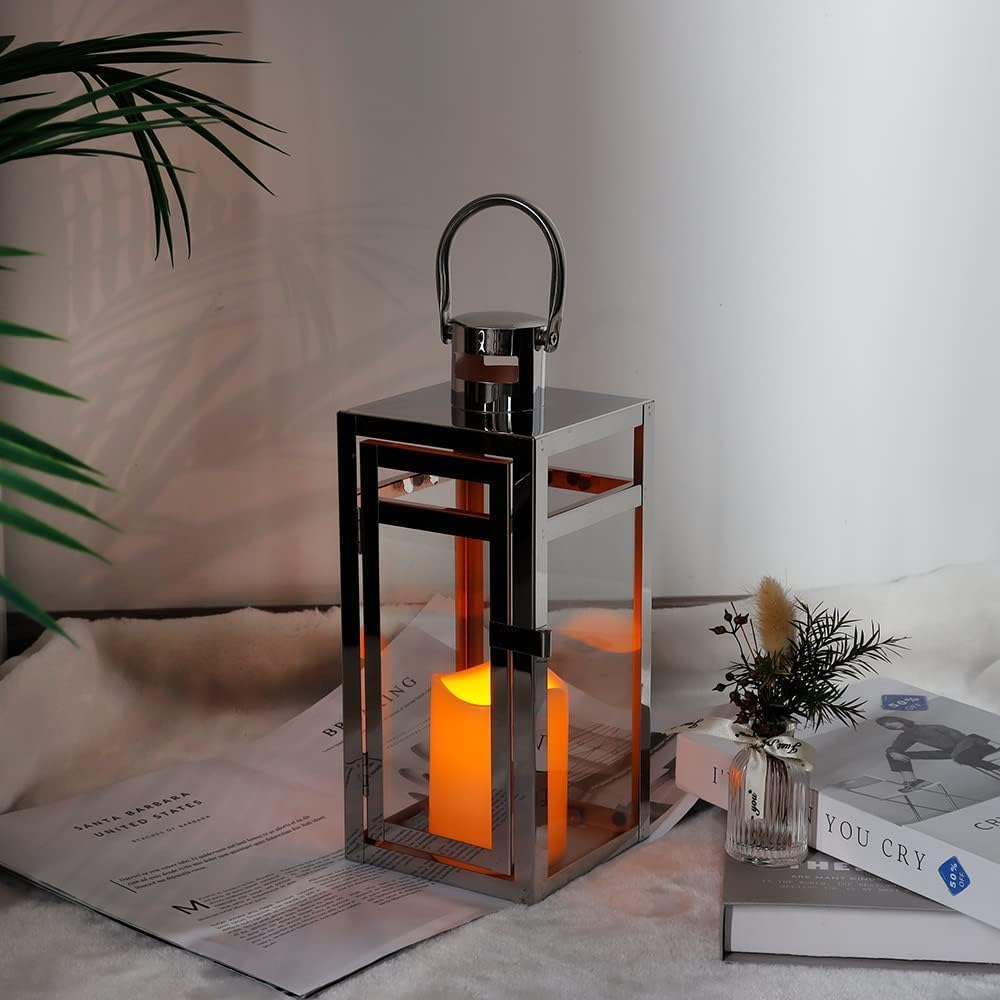 TRIROCKS Set of 2 Stainless Steel Decorative Lantern 12'' High Metal Hanging Lantern with Clear Glass Panels Perfect for Home Decor Living Room Parties Events Tabletop Indoors Outdoors (Silver)